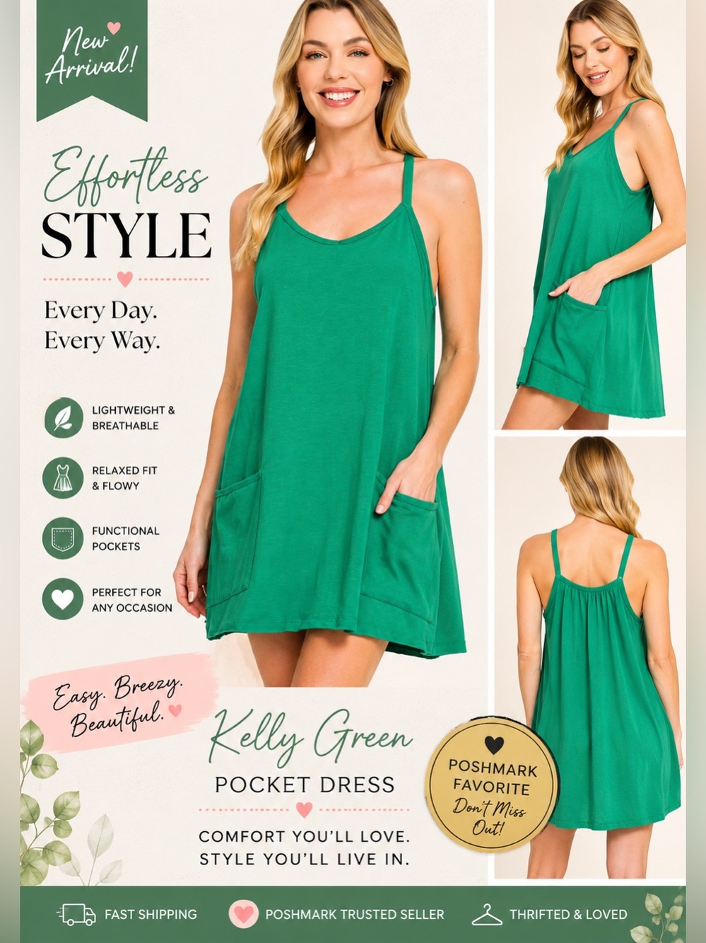 Kelly Green - Effortless Flowy Romper Dress With Pockets